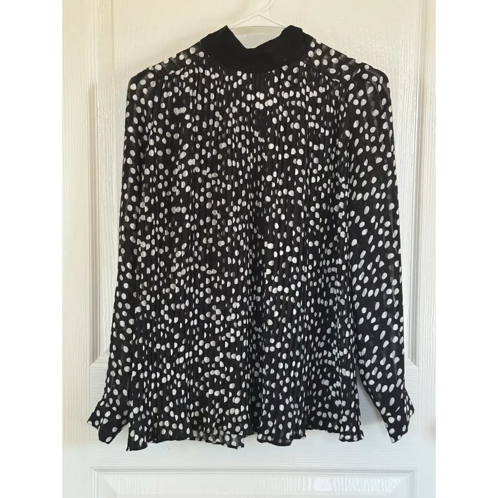 Zara Black & White Polka Dot High Neck Pleated Plisse Long Sleeve Blouse XS